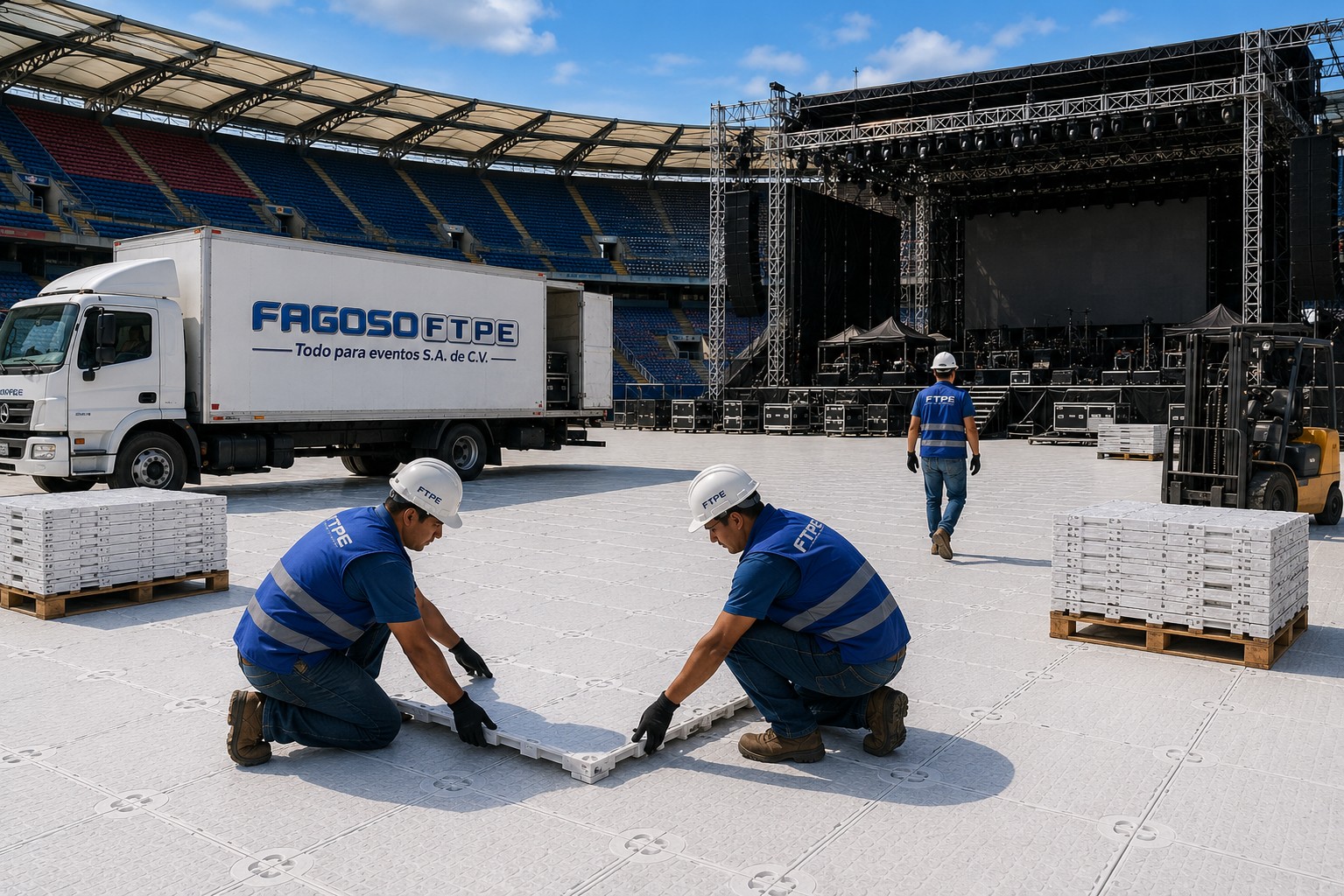 Instalación de piso modular en un estadio