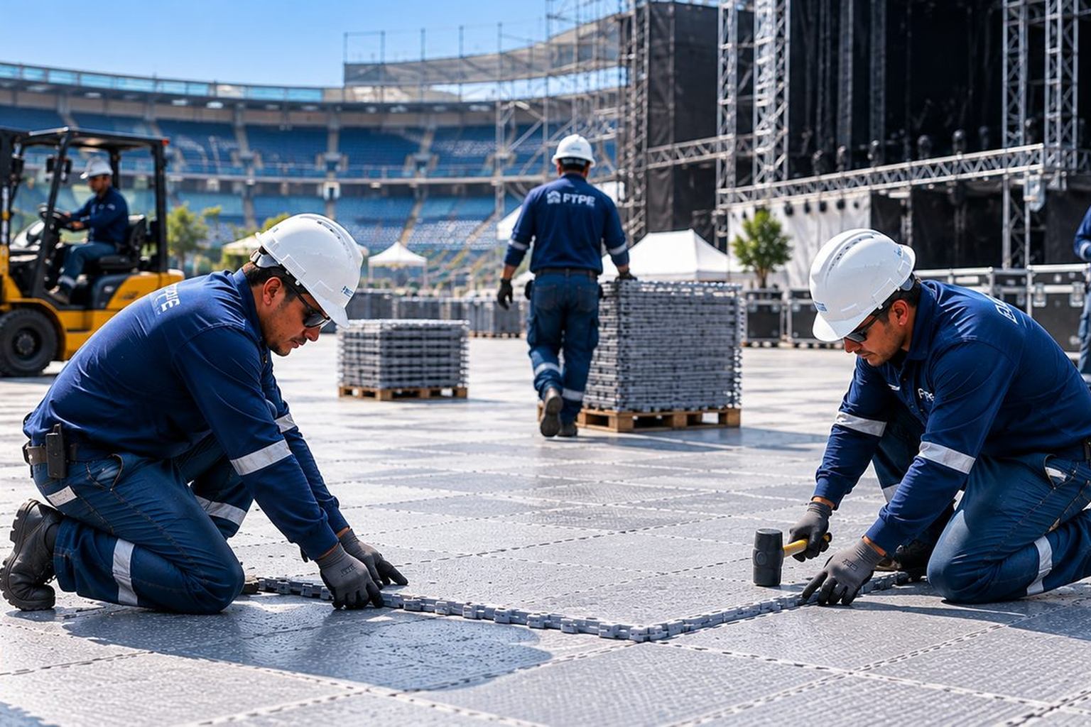 Equipo FTPE trabajando en la instalación de piso modular